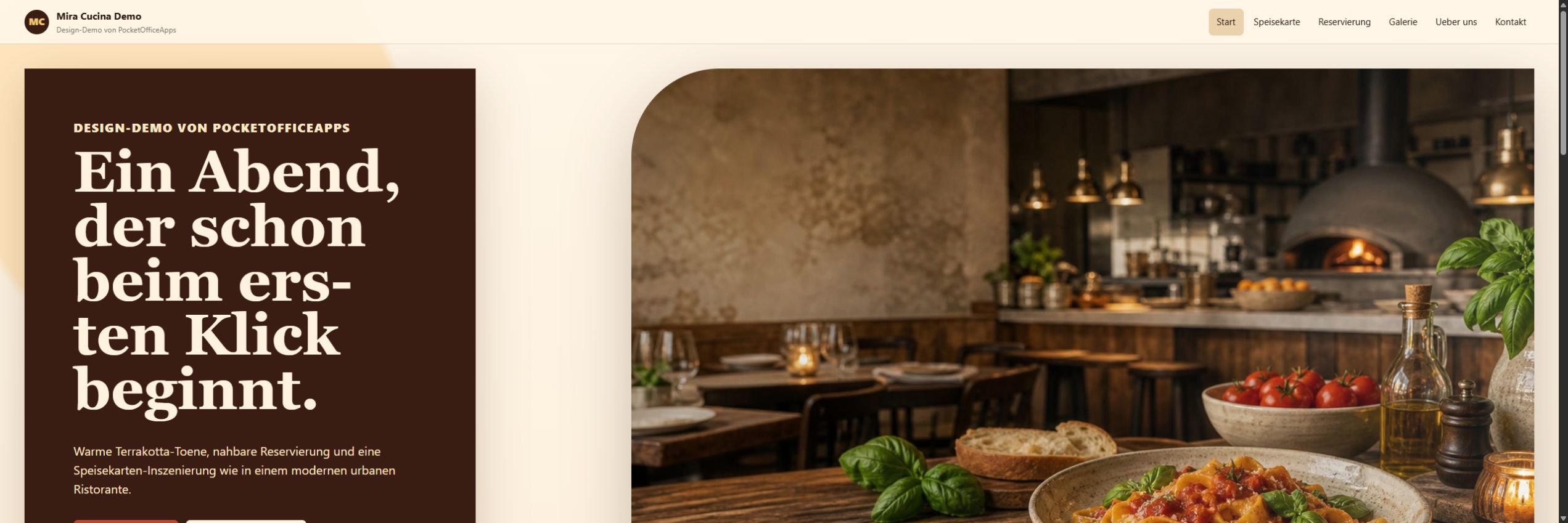 Responsive Startseitenansicht der Gastronomie-Design-Demo Mira Cucina