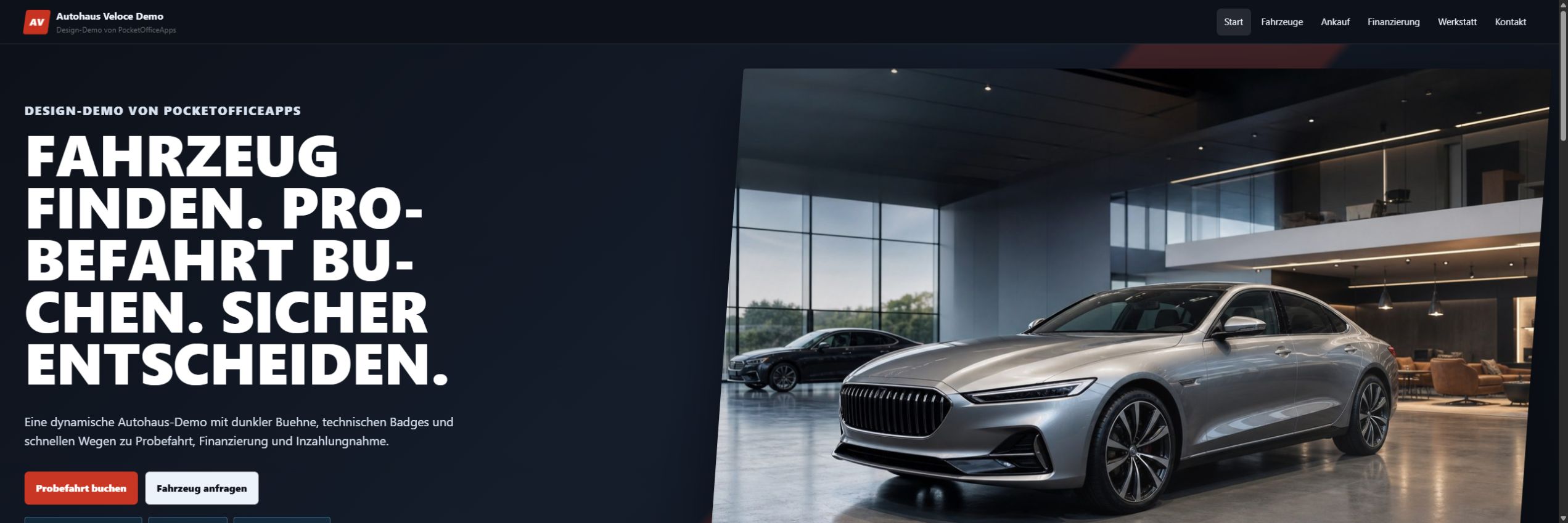 Responsive Startseitenansicht der Autohaus-Design-Demo Autohaus Veloce