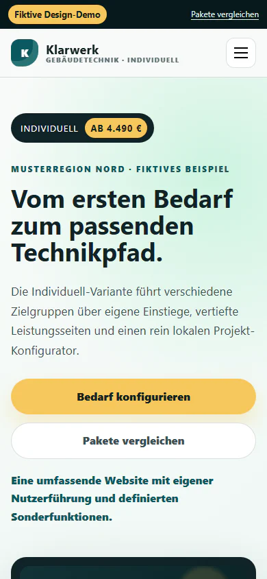 Aktuelle mobile Ansicht der Klarwerk Individuell-Demo