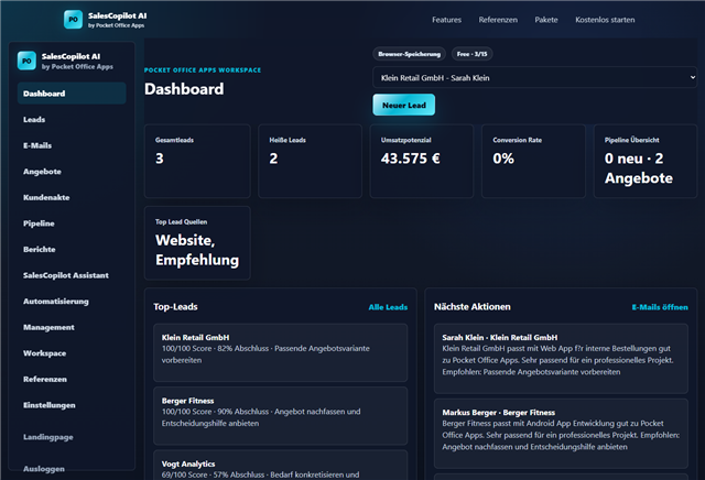 Echte Dashboard-Ansicht der eigenen Produktentwicklung SalesCopilotAI
